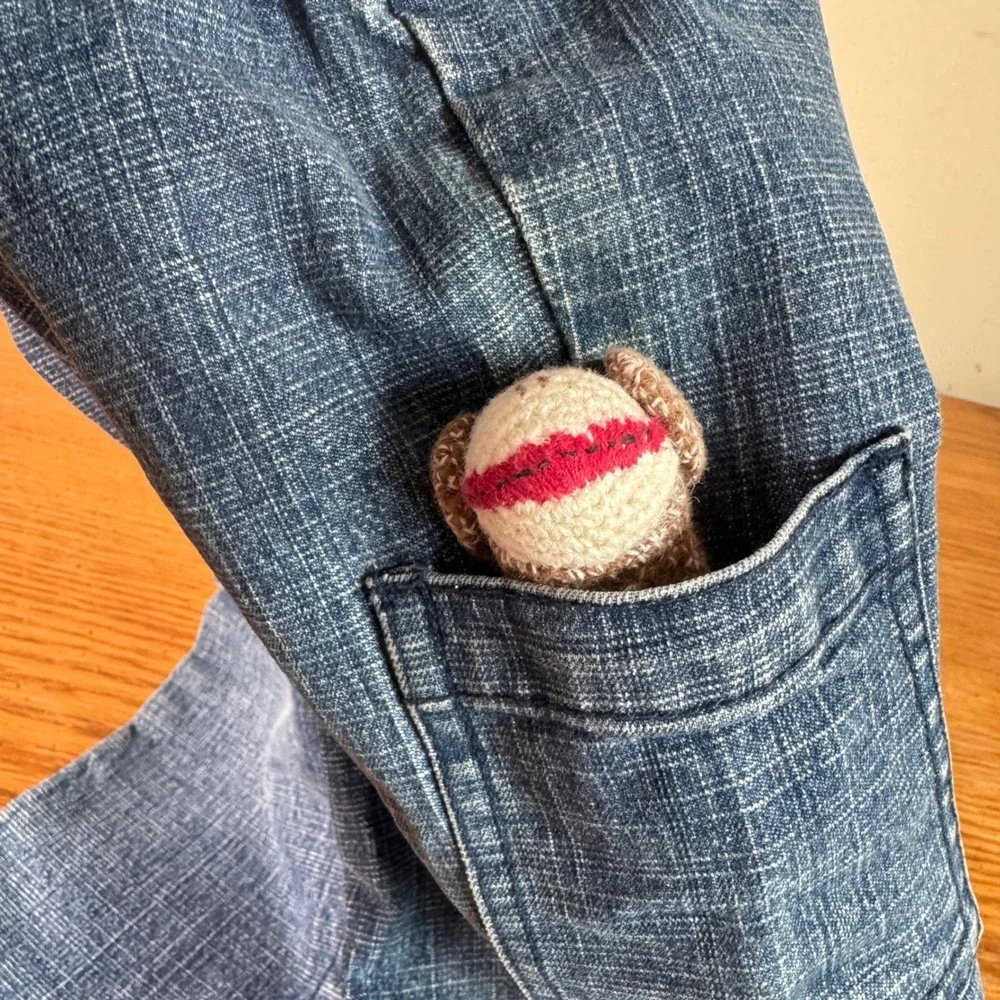 Vintage 2004 Gymboree Sock Monkey Denim Cargo Pants Blue Snap Inseam Baby 12-18M